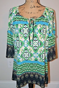 New Directions Tunic in Green/Black w Elastic Scoop Neck w Tie Front - XL - Picture 1 of 3