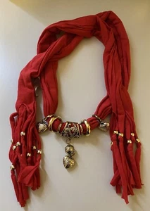Scarf with Charms~Red Scarf and Gold Charms - Picture 1 of 1