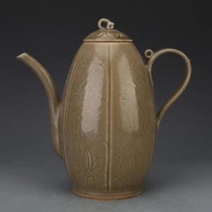 Maceta de vino talla de flores y plantas de porcelana horno Yue dinastía China Tang de 10" - Imagen 1 de 11