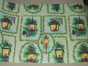 VTG CHRISTMAS WRAPPING PAPER LIGHT LAMP CANDLE GLOW HOLLY GIFT WRAP 2 YARDS NOS - Picture 1 of 2