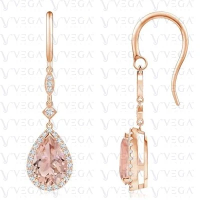Brinco de morganita natural e gota de diamante folheado a ouro rosa 14K em forma de pera 3,78 quilates - Imagem 1 de 4