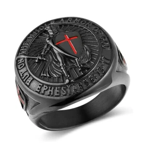 Knights Templar Put On The Whole Armor of God Ring Stainless Steel Blk Size 7-13 - Picture 1 of 4