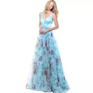NWT Sherri Hill Organza Floral A-line Maxi Dress Gown Satin Bodice Blue Size 2 - Picture 1 of 5