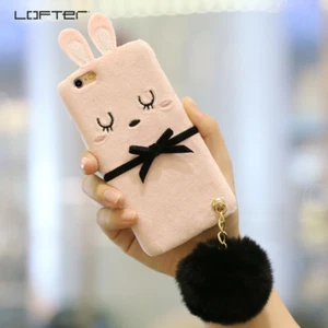 LOFTER Cute Bunny Bow 3D Plush Fur Pendant Phone Case Cover for iPhone 7/7+/8/8+ - Picture 1 of 1