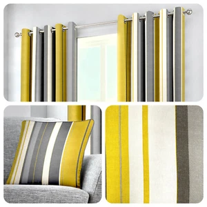 Fusion WHITWORTH STRIPE Ochre 100% Cotton Ready Made Eyelet Curtains & Cushions - Picture 1 of 17