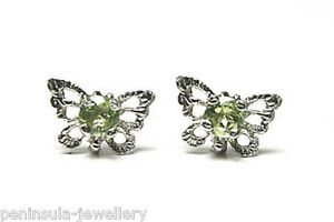9ct White Gold Peridot filigree Butterfly Stud earrings Gift Boxed Made in UK