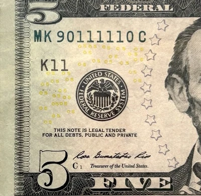 90111110 - Fancy Mini Radar Flipper Serial - 2013 $5 Bill Federal Reserve Note - Image 1 of 3