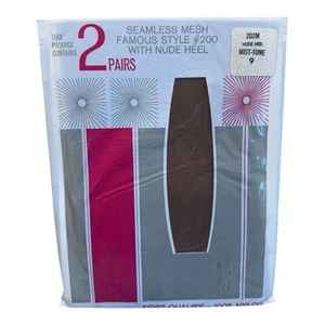 Vintage 2 Pair Seamless Mesh Famous Style Stockings Nude Heel Mist Tone 9 Nylon - Picture 1 of 2