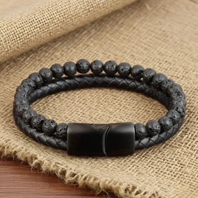 Men's Lava Rock Beaded Leather Bracelet Handmade Strength Protection Cuff Gift - Image 1 of 3