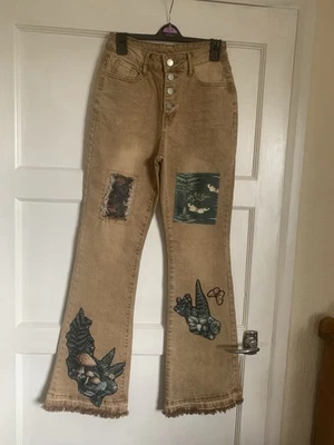 New Tan Jeans Distress Mushroom Moth Fern Boho Hobo Chic Forestcore OOAK Whimsy - Image 1 of 4
