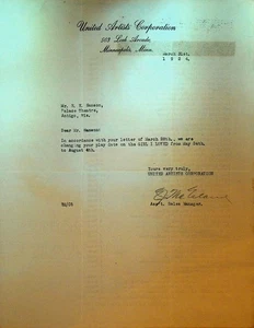 United Artists Letterhead March 31 1924 Girl I Loved Silent Film - Picture 1 of 2