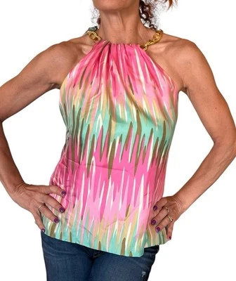 MILLY NEW YORK SEDA MULTI ABSTRACTO TOP BLUSA HALTER ORO GARGANTILLA CADENA TALLA 2 Foto 1 de 4