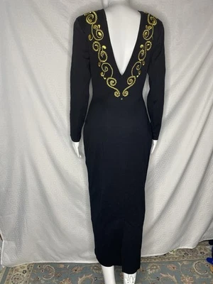 Vintage 80s Fusion Knit Black Gold Embroidered Beaded Dress M Plunging Back Maxi - Image 1 of 4