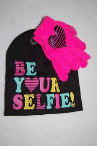 Girls Winter Set BLACK BEANIE HAT & PINK GLOVES Colorful BE YOUR SELFIE! Hearts - Picture 1 of 1