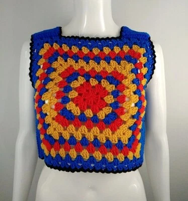 Suéter sin mangas estilo abuela cuadrado ganchillo recortado azul rojo amarillo XS/S Foto 1 de 4