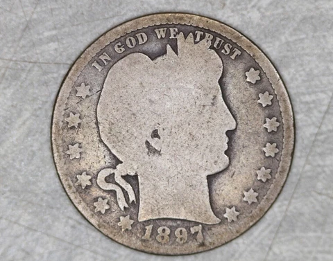 1897 P Barber Head Quarter, G Good , 25c Liberty Head Cover