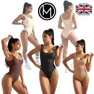 MOOSLOVER Ribbed Tummy Control Solid Color Sleeveless Seamless Bodysuit UK - Picture 1 of 32