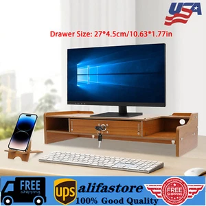 Wood Monitor Riser Drawer with Lock Computer Laptop PC Stand Desk Organizer - Picture 1 of 18