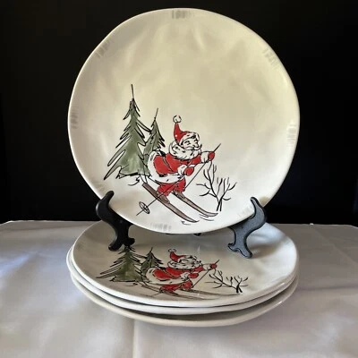 Conjunto de 4 pratos de jantar de cerâmica ELI + ANA caprichoso Papai Noel esqui Natal feriado - Imagem 1 de 3