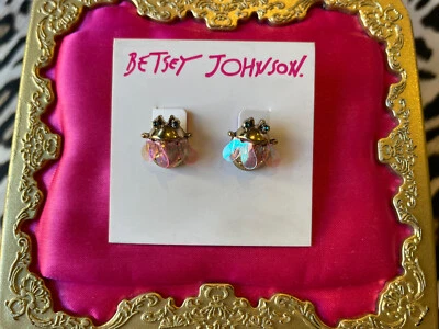 Betsey Johnson Tortifly Winged Insect Bug Fly Iridescent Wing Gold Earrings RARE - Image 1 of 2