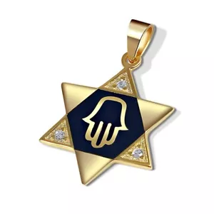 Vermeil Cz Enameled Jewish Star of David with 'Hamza' Pendant Necklace - Picture 1 of 3