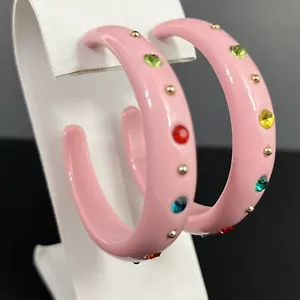 Pink Lucite Hoop Earrings Rhinestone Multicolor Studded Pierced Dangle 2” Big - Picture 1 of 11
