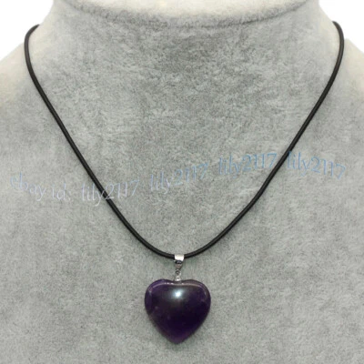 20mm Natural Purple Amethyst Heart Pendant Necklaces Black Leather Rope 18 inch - Image 1 of 4