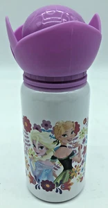 Disney Store Frozen Anna Elsa Princess Aluminum Water Bottle Pink Flowers Crown - Picture 1 of 6