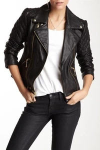 Zara quilted biker black lambskin real leather Zip Women Cropped jacket Size:M - Picture 1 of 12