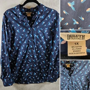 Duluth Trading Co Shirt Womens 1X Blue Birds Button Up Stretch - Picture 1 of 13