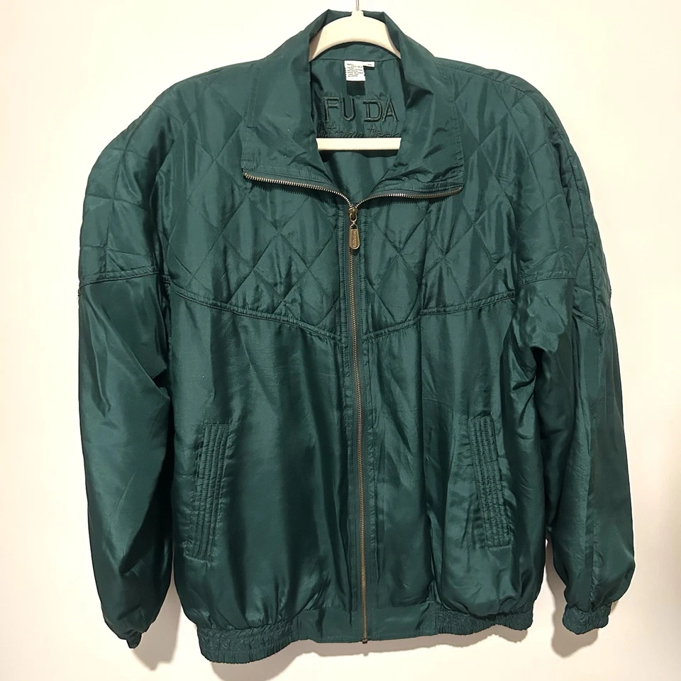 FUDA International женщин винтажный XL 100% шелк лес зеленый молнии куртка-бомбер - Изображение 1 из 4