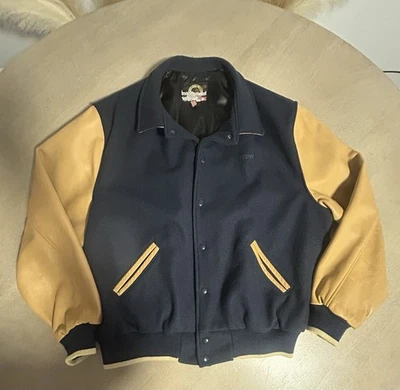 Dehen Jackets Varsity Bomber-style Navy Wool with Tan Leather Arms Size XL USA - Image 1 of 4