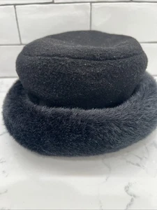 Vintage Black Fur Wool Women’s Hat 7” Inside Width Brow Cap - Picture 1 of 8