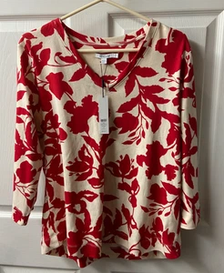 Chicos 2 T-Shirt Oberteil Damen Large rot weiß langarm V-Ausschnitt Etikett ungetragen - Bild 1 von 7