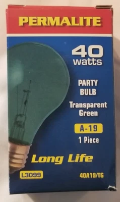 Permalite Transparent Green Long Life Light Bulbs A19 40W Bulbs L3099 - Image 1 of 4