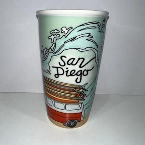 Starbucks San Diego CA VW Bus Surf Beach Ceramic Travel Tumbler 12oz Mug w/lid - Picture 1 of 8