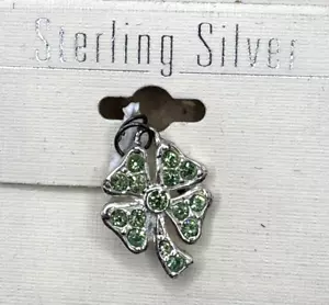 Sterling Silver Four Leaf Clover Charm with light Green Rhinestones! LUCKY! 3/4" - Picture 1 of 3