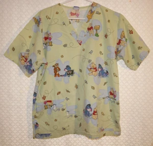 DISNEY Scrub Top, Green WINNIE POOH FRIENDS as Doctors, V-Neck, 2 Pockets Medium - Picture 1 of 6