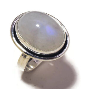 Blue Fire Moonstone Cabochon Oval Gemstone Silver Overlay Handmade Ring US-5.5