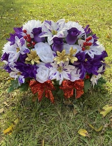 Cemetery Memorial Headstone Saddle Silk Flower Arrangement Poinciana Purple - Picture 1 of 6