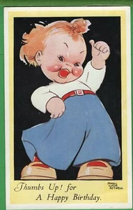 Cartolina vintage San Valentino Mabel Lucie Attwell pollice in su buon compleanno 4429B - Foto 1 di 5