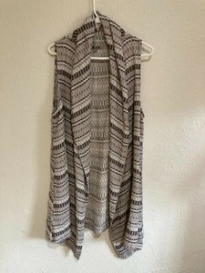 FLAX WOMENS PETITE OPEN KNEE LENGTH VEST BROWN BEIGE GEOMETRIC 100% LINEN - Picture 1 of 3