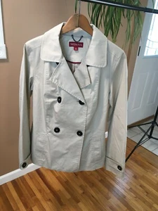 **MERONA DOUBLE BREASTED COTTON COAT TAN KAHAKI WOMEN'S MEDIUM BLACK BUTTON - Picture 1 of 10