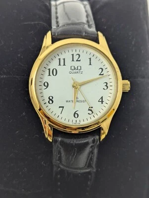 Citizen Q&Q Watch Gold Colored Case Black Embossed Strap Water Resistant Casual - Image 1 of 4