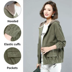 Lady Coat Corduroy Hooded Top Shirt Jacket Outerwear Cardigan Casual Warm Winter - Picture 1 of 21