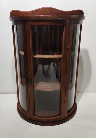 Miniature Curio Cabinet Curved Glass Mahogany Color Wood table or wall Case Cover