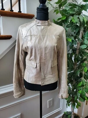 Bebe Women's Metalic Beige 100% Leather Long Sleeve High Neck Front Zip Jacket L - Imagem 1 de 4