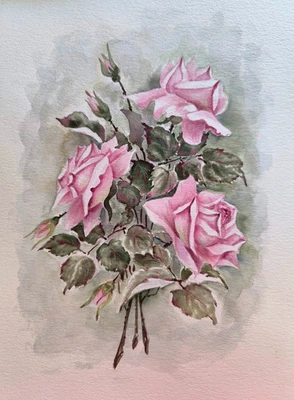 Pintura de arte original paisagem flor rosa empoeirado vintage rosa arte floral A4 - Imagem 1 de 4