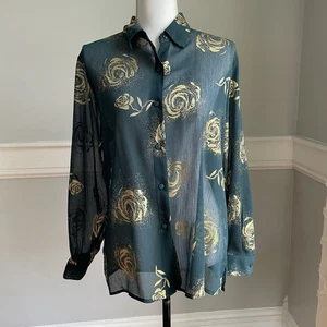 Green Gold Roses Sheer Button Down Blouse Apparenza Size Small Vintage Y2K - Picture 1 of 10