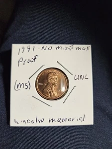 Lincoln Memorial Penny 1991 sin marca de ceca, prueba, sin circular (MS) Bonita moneda - Imagen 1 de 4